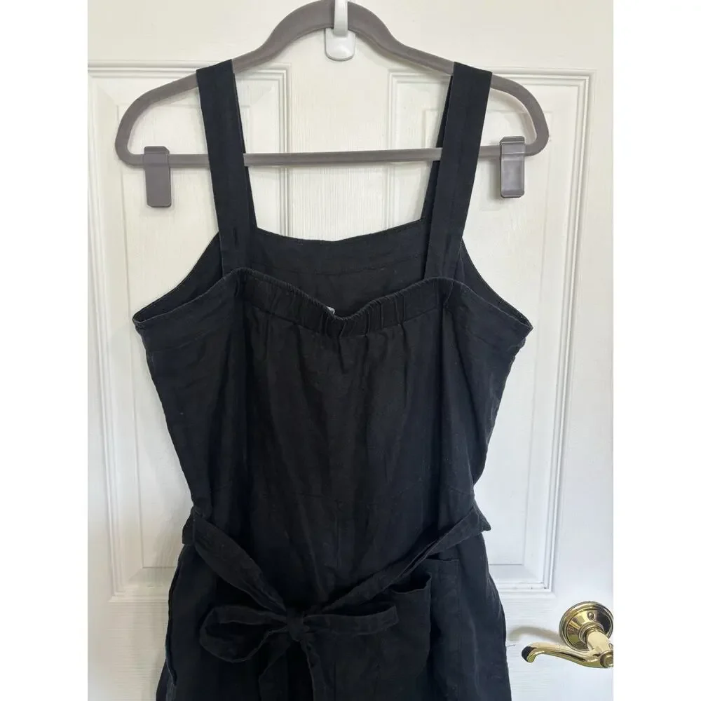 Quince 100% European Linen Square Neck Black Jumpsuit L Belt Pockets Sustainable